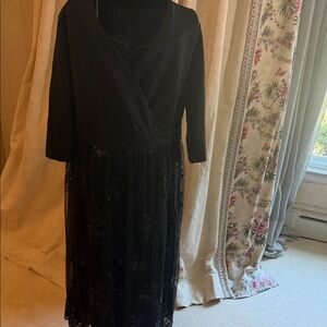 Dress Barn Black Long Sleeve Midi Dress with Lace Overlay